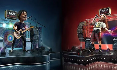 Personajes animados de TAKIX Radio interpretando rock en el escenario