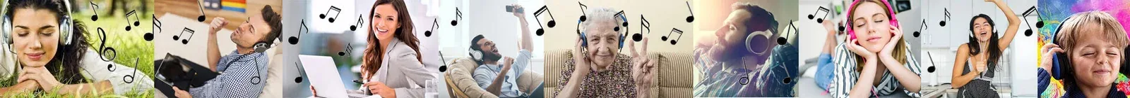 Distintas personas de todas las edades disfrutando de la música con audífonos