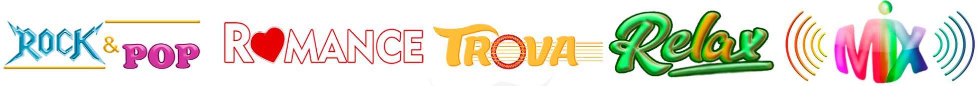 Logotipos de las cinco emisoras de TAKIX Radio: Rock & Pop, Romance, Trova, Relax y Mix